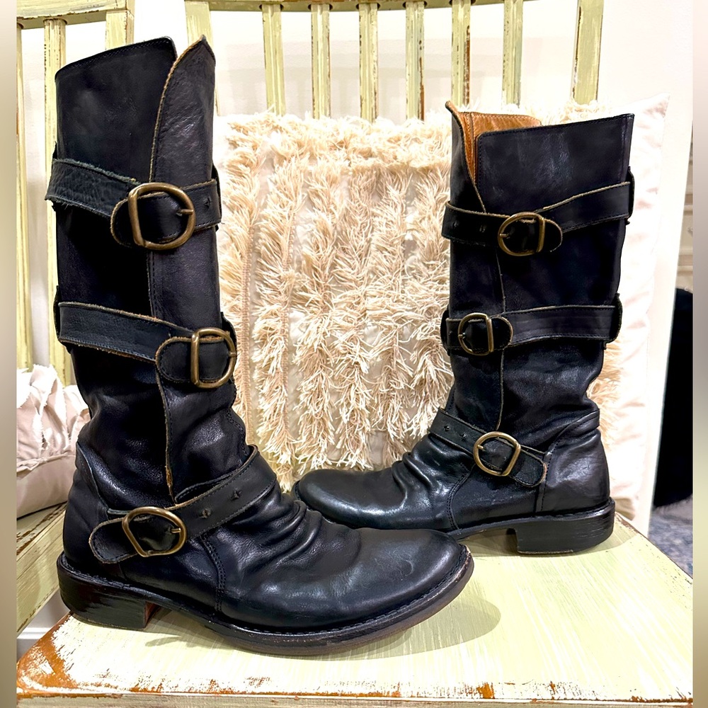 FIORENTINI + BAKER BIKER MOTO BOOTS TRIPLE STRAP BLACK LEATHER